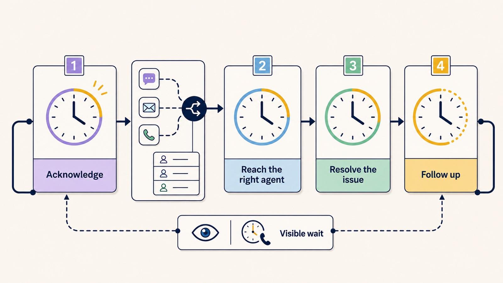 Four connected customer service timing stages showing acknowledgement, routing to the right agent, issue resolution, and follow-up.