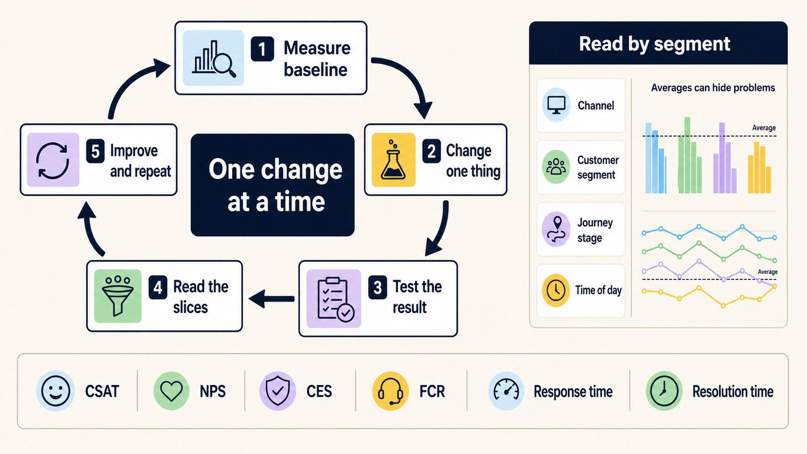 Continuous customer experience improvement loop showing baseline measurement, one focused change, testing, segmented analysis, and repeated improvement.
